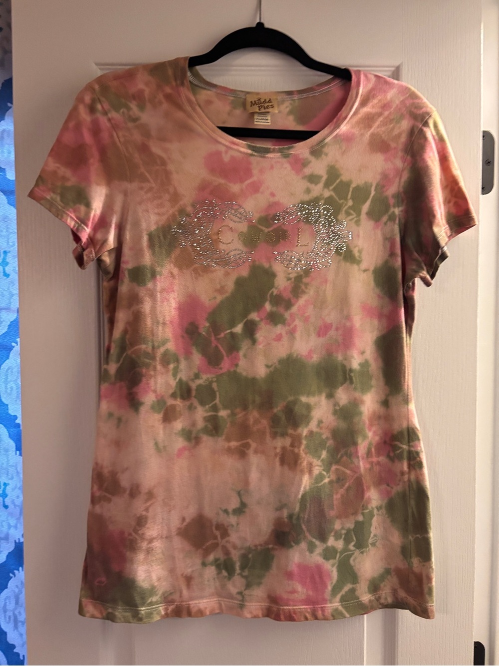 Mudd Pink Olive Brown Tie-Dye Short Sleeve Tee with Rhinestone Logo